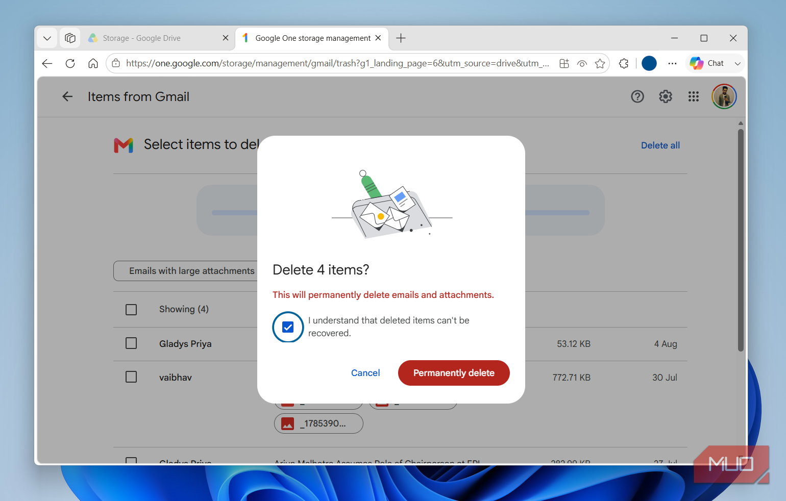 Gmail delete email prompt