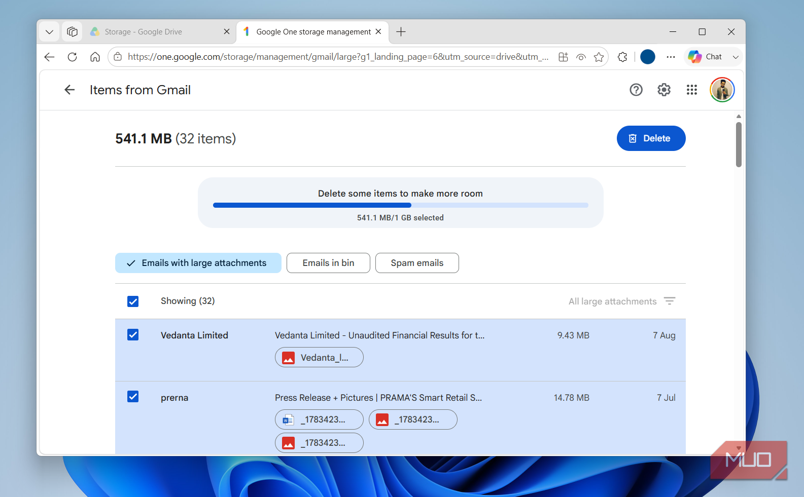 Gmail large email storage cleanup menu