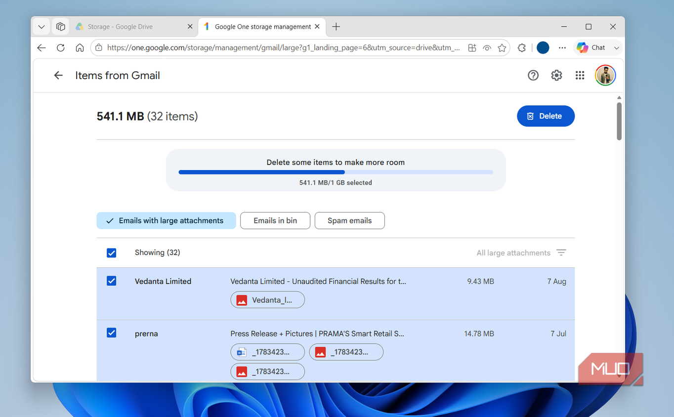 Gmail large email storage cleanup menu