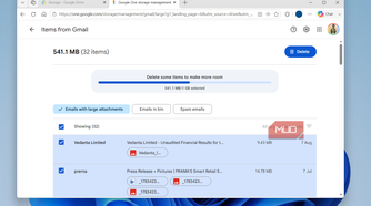 Gmail large email storage cleanup menu