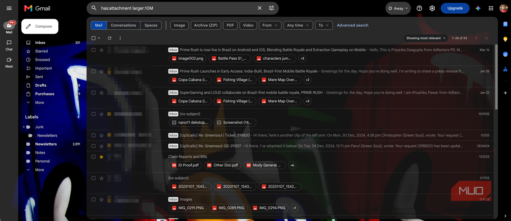 Gmail search bar filtering message with large attachments