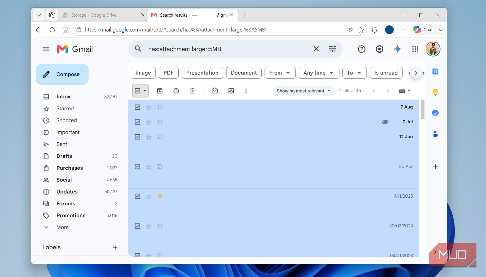 Gmail search results showing large emails