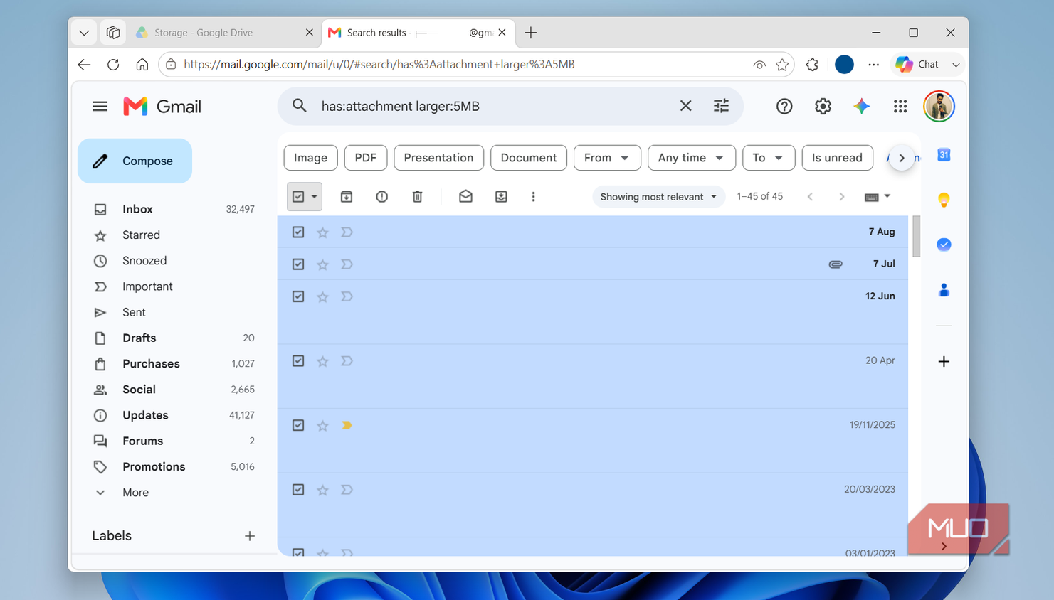 Gmail search results showing large emails