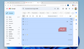 Gmail search results showing large emails