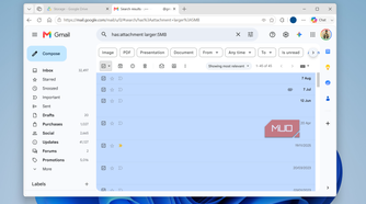 Gmail search results showing large emails