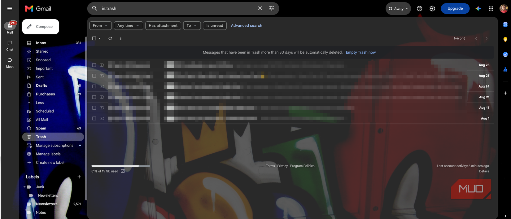 Gmail Trash folder showing prompt to empty trash now