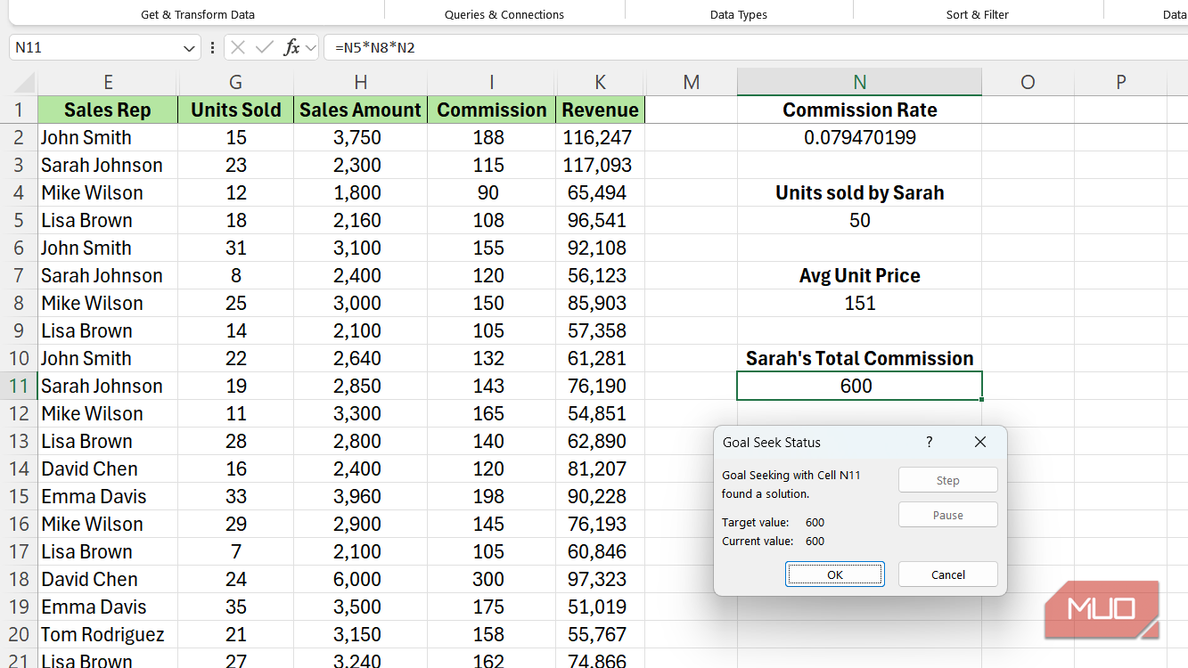Goal Seek dialog box for varying commission rate for Sarah Johnson in Excel.