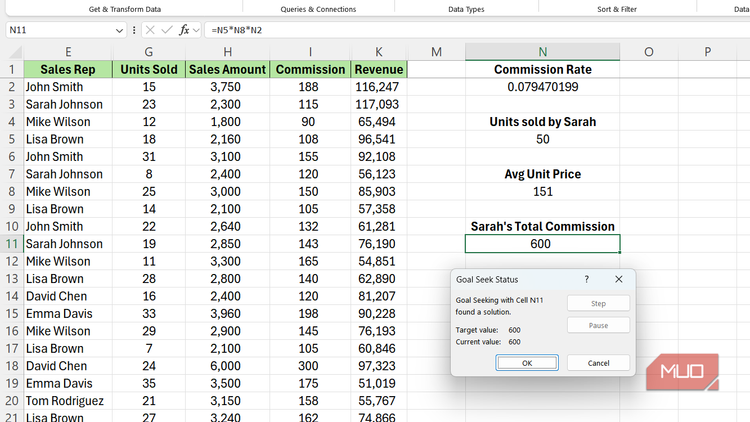 Goal Seek dialog box for varying commission rate for Sarah Johnson in Excel.