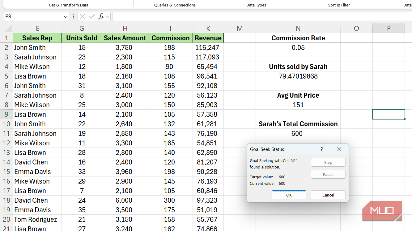 Goal Seek dialog box for varying units sold by Sarah Johnson in Excel.