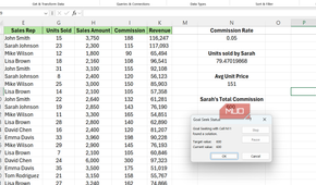 Goal Seek dialog box for varying units sold by Sarah Johnson in Excel.