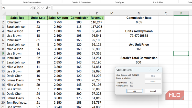 Goal Seek dialog box for varying units sold by Sarah Johnson in Excel.