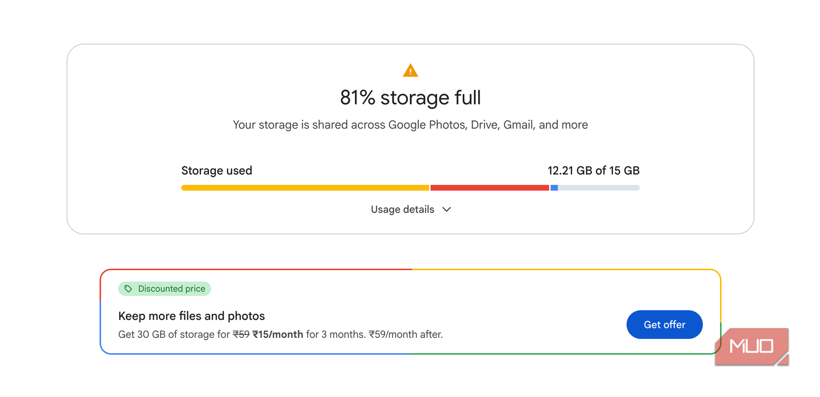 Google account storage bar showing 81 percent used