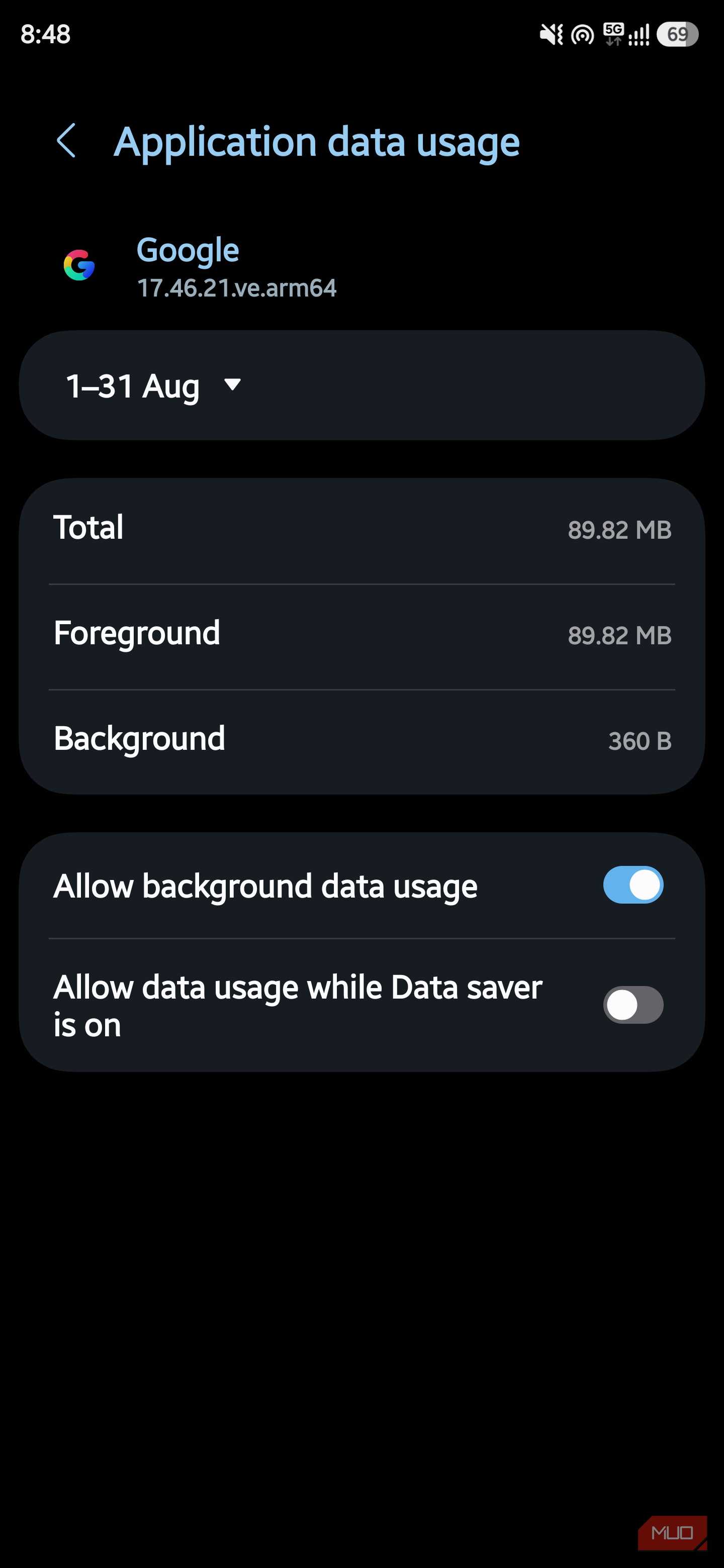 Google app data usage with background data enabled
