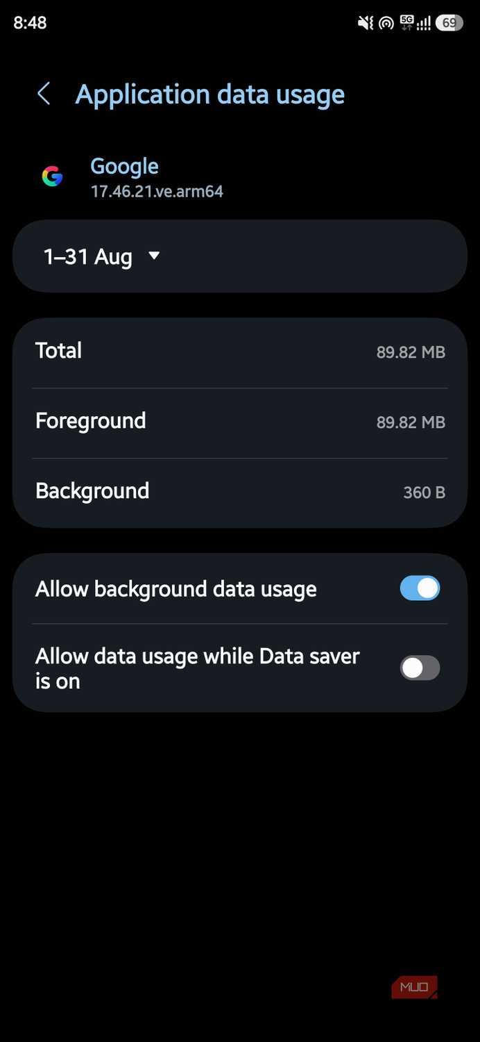 Google app data usage with background data enabled