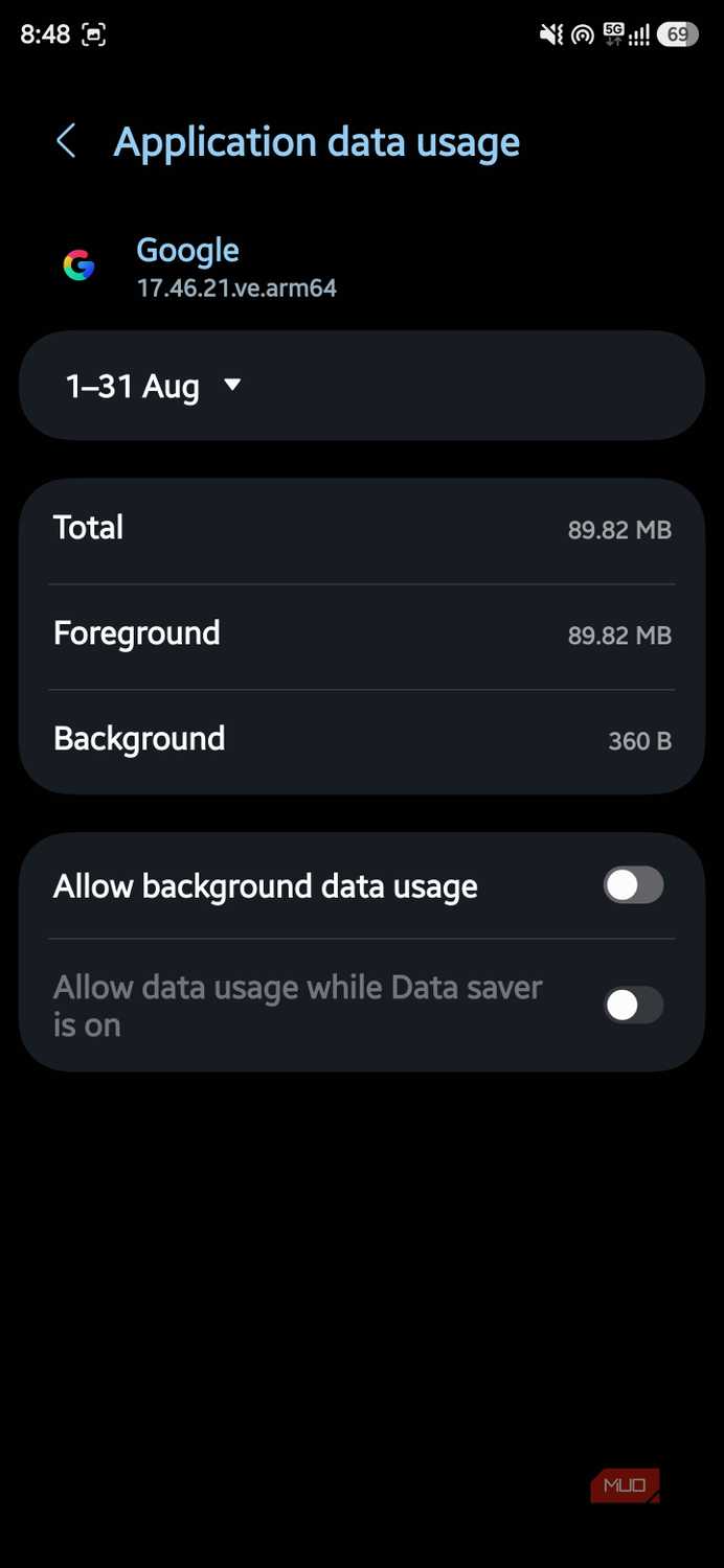 Google app data usage with background data disabled