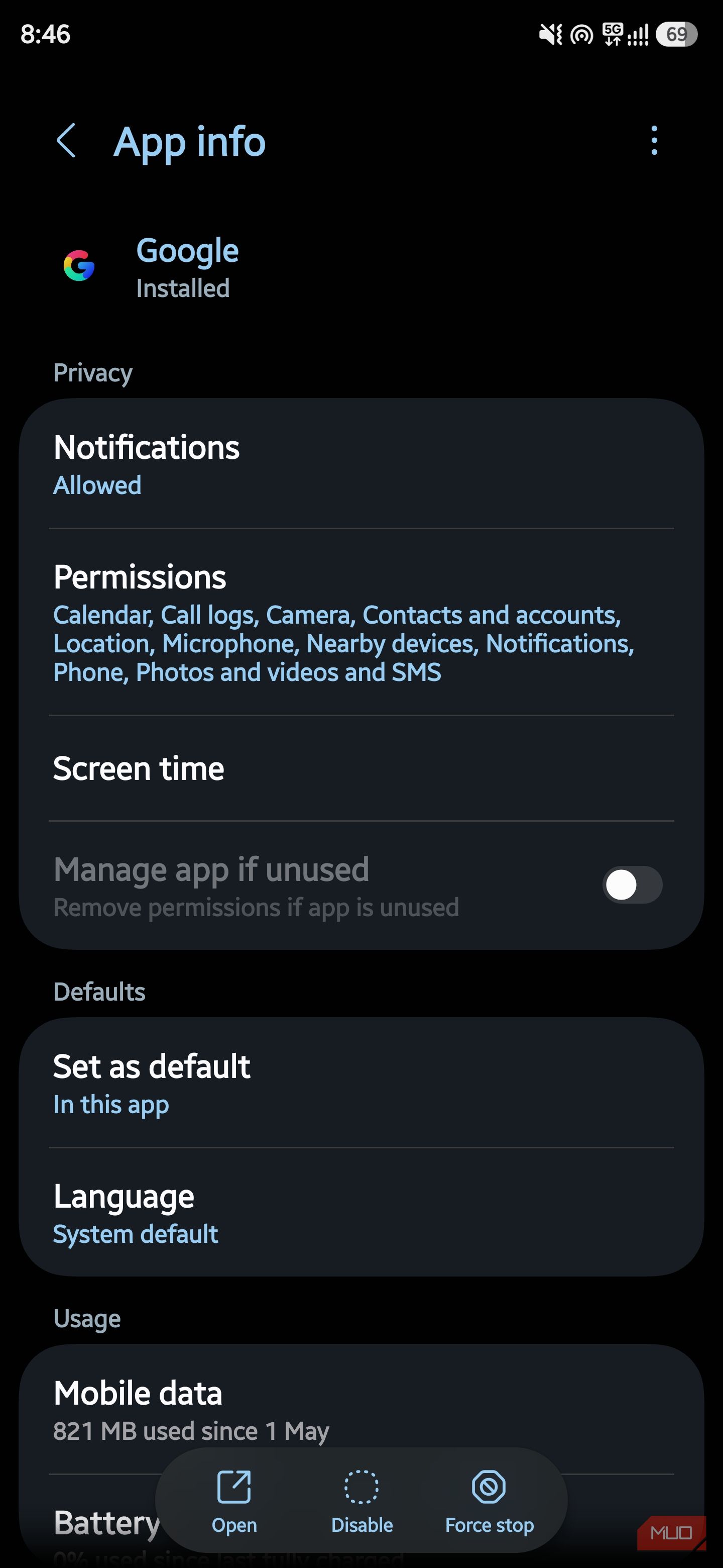 Google app info showing permissions and 821 MB of mobile data used