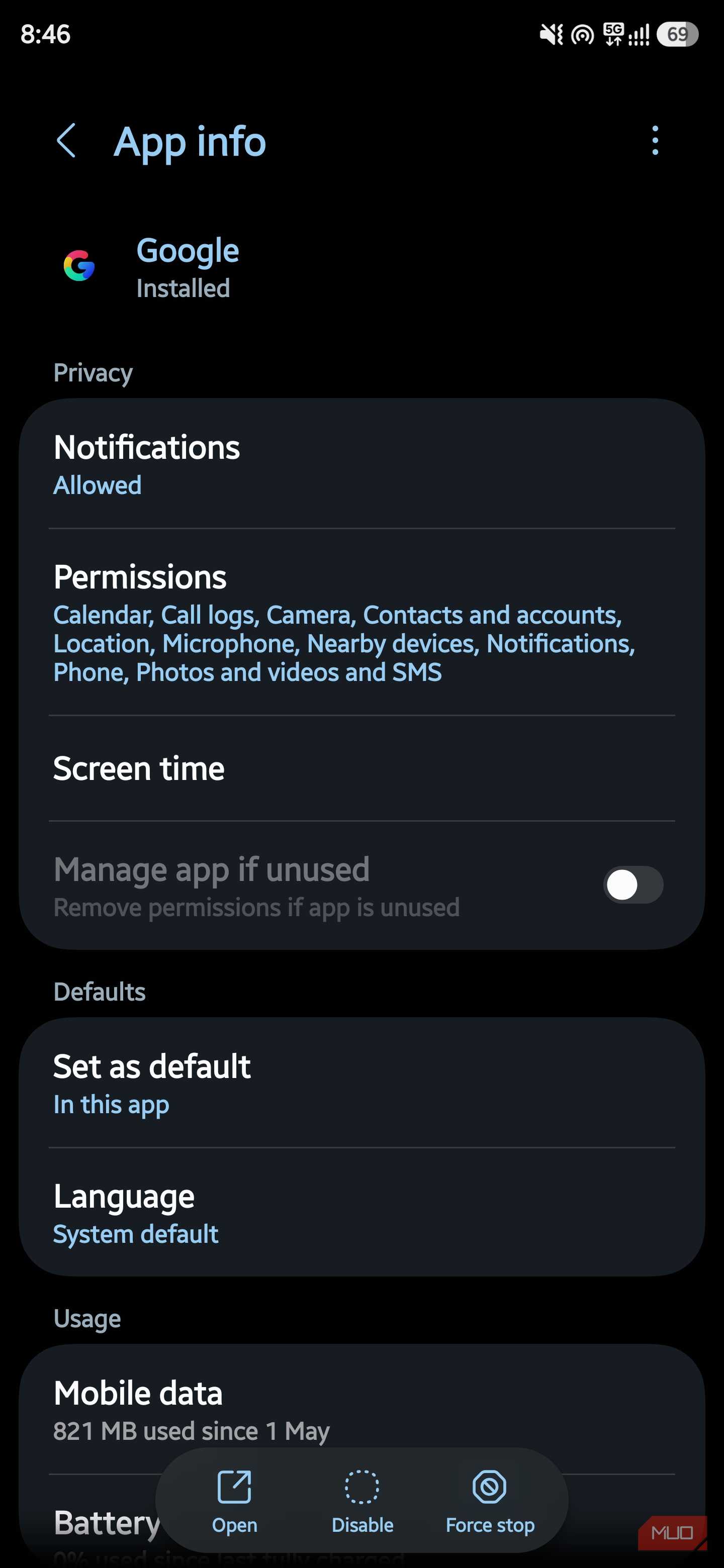 Google app info showing permissions and 821 MB of mobile data used