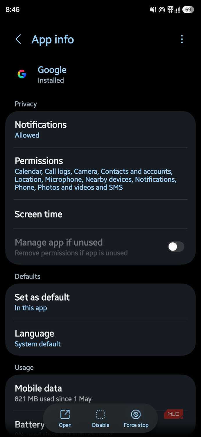 Google app info showing permissions and 821 MB of mobile data used