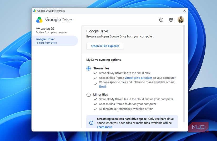 Google Drive preferences menu on Windows