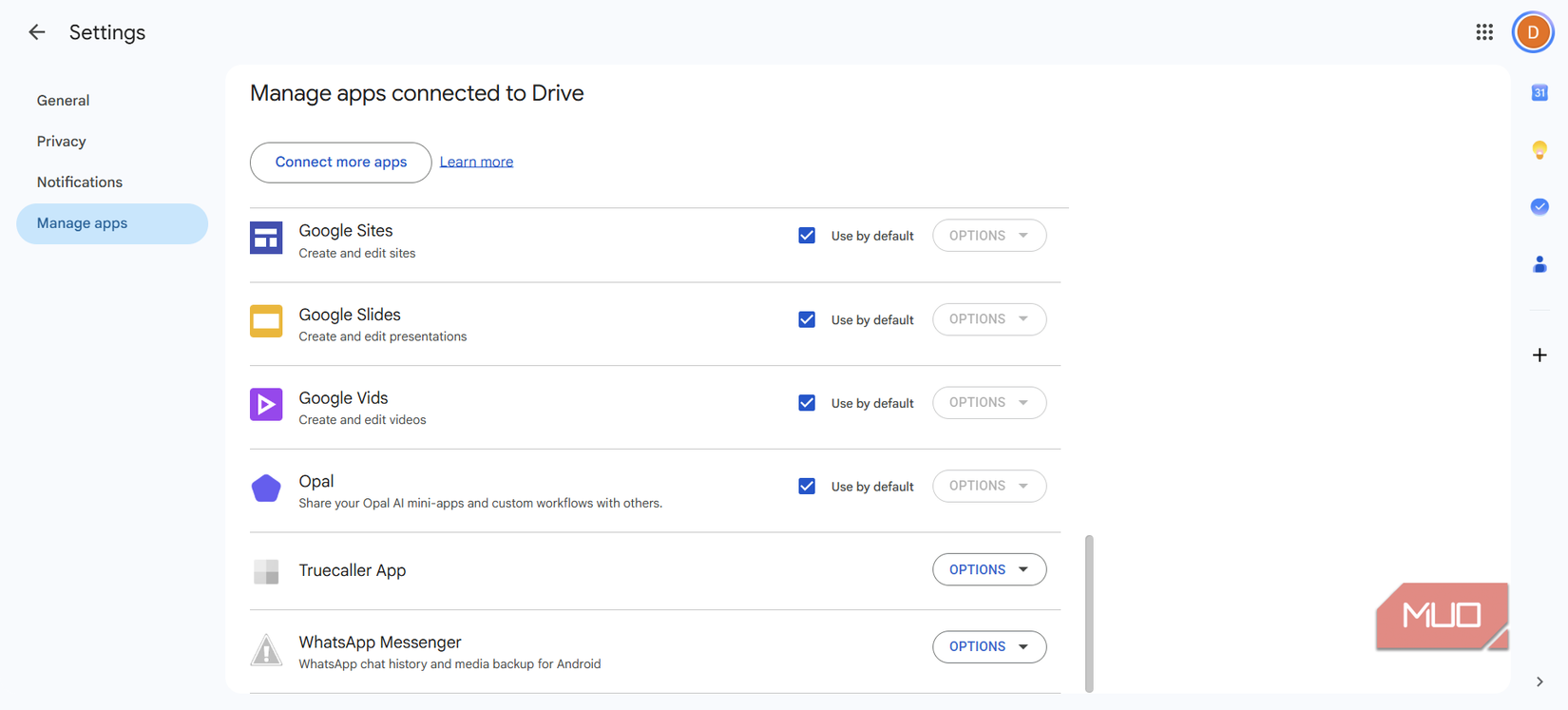 Google Drive settings page showing connected apps list