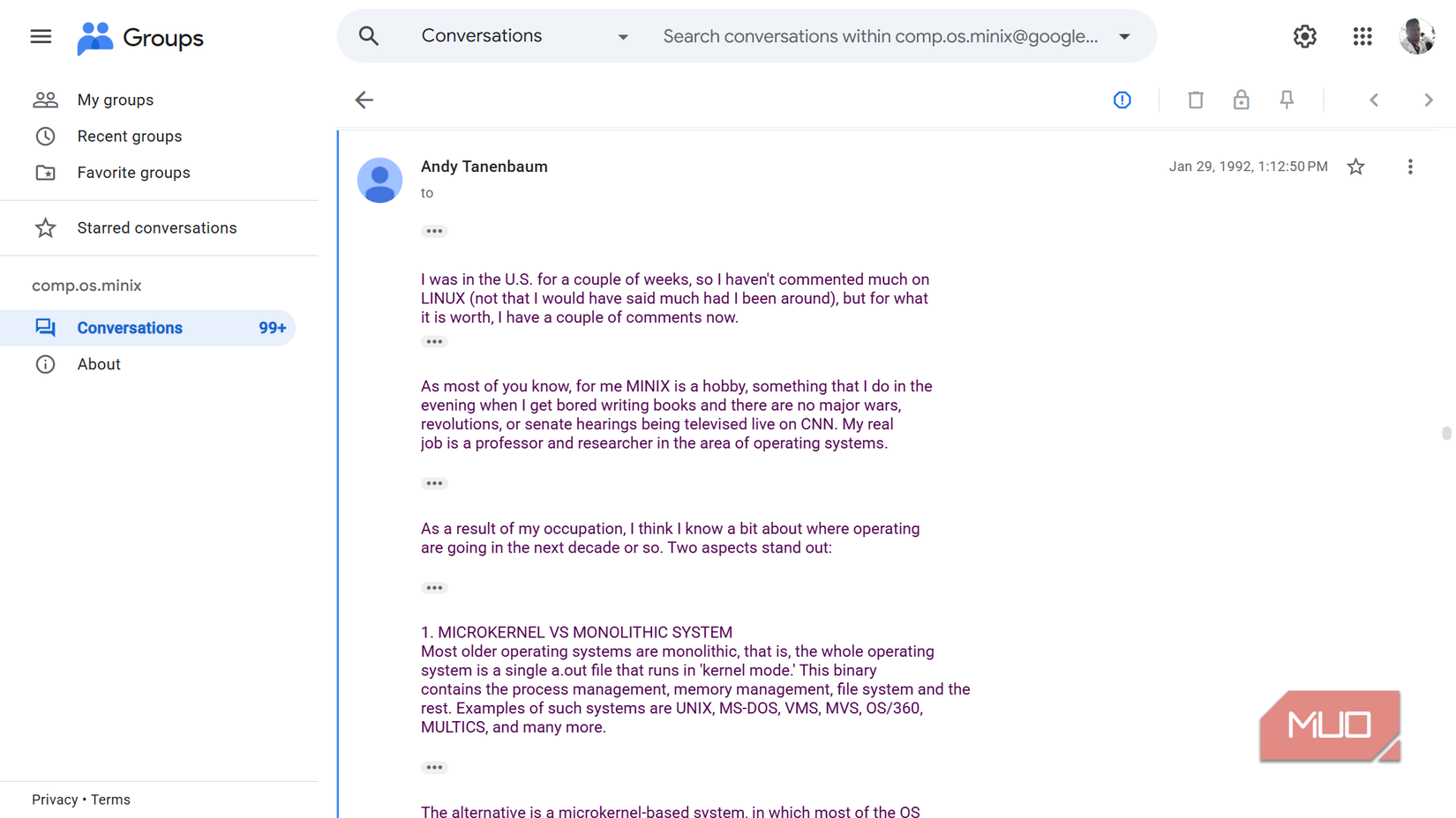 Google Groups interface showing an email by Andy Tanenbaum