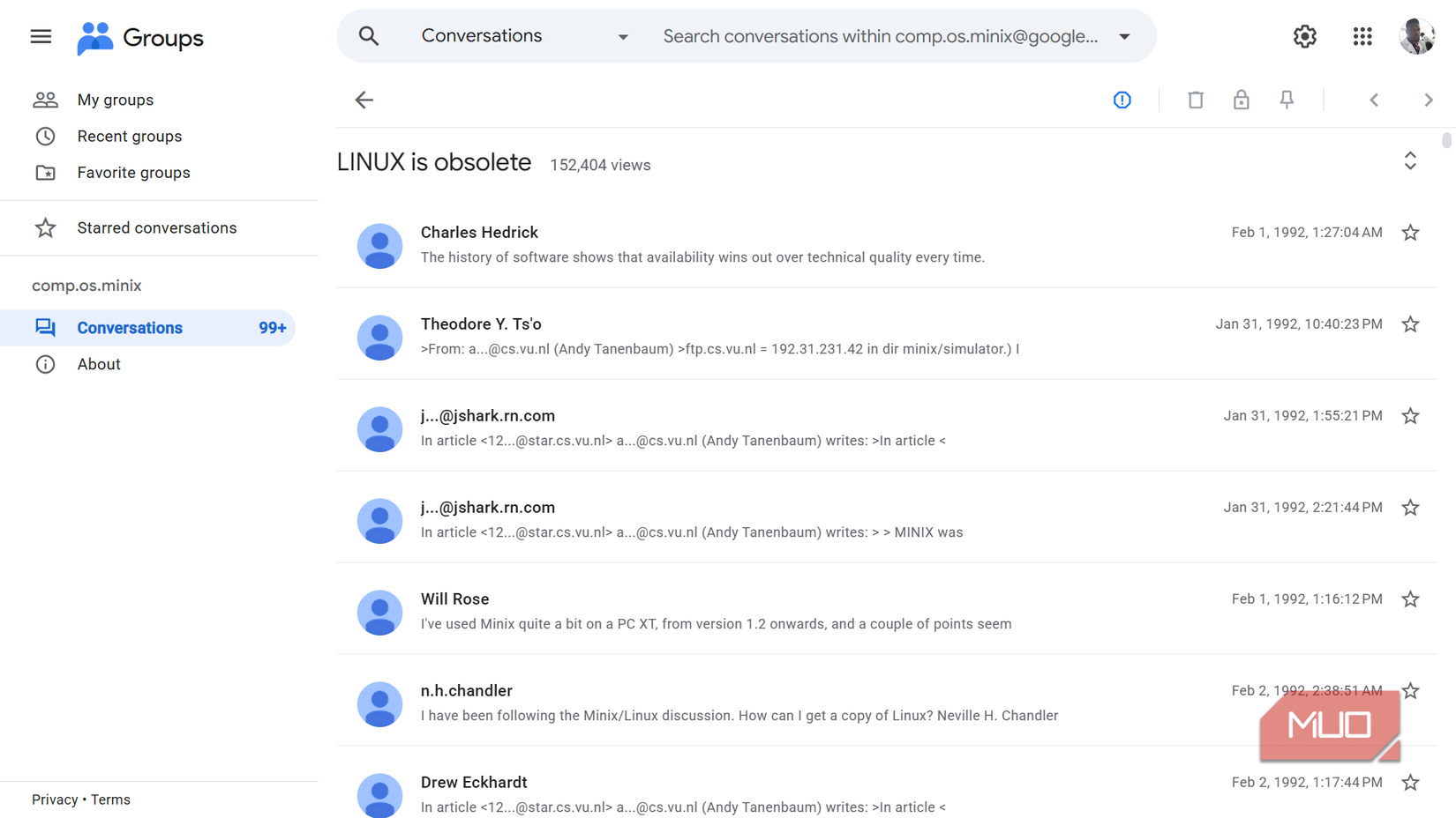 Google Groups interface showing Linux is obsolete discussion.