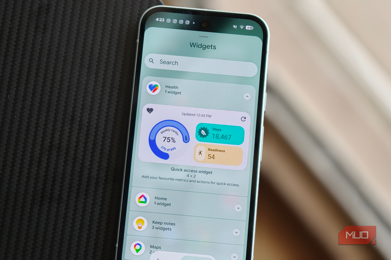 Google Health widget on Pixel 10a