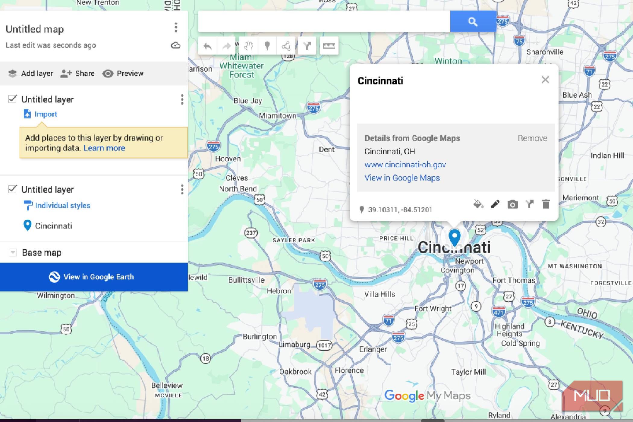 Putting a pin in Cincinnati in Google My Maps