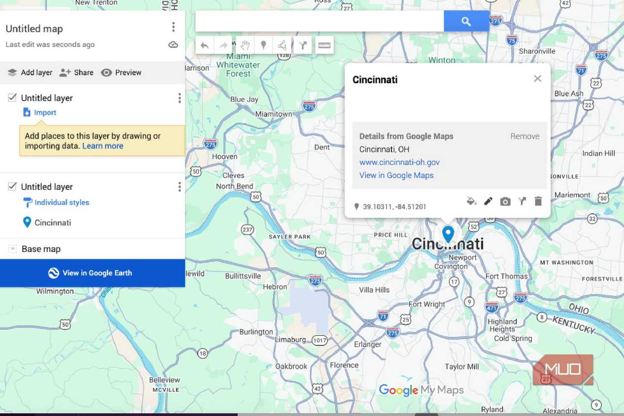 Putting a pin in Cincinnati in Google My Maps