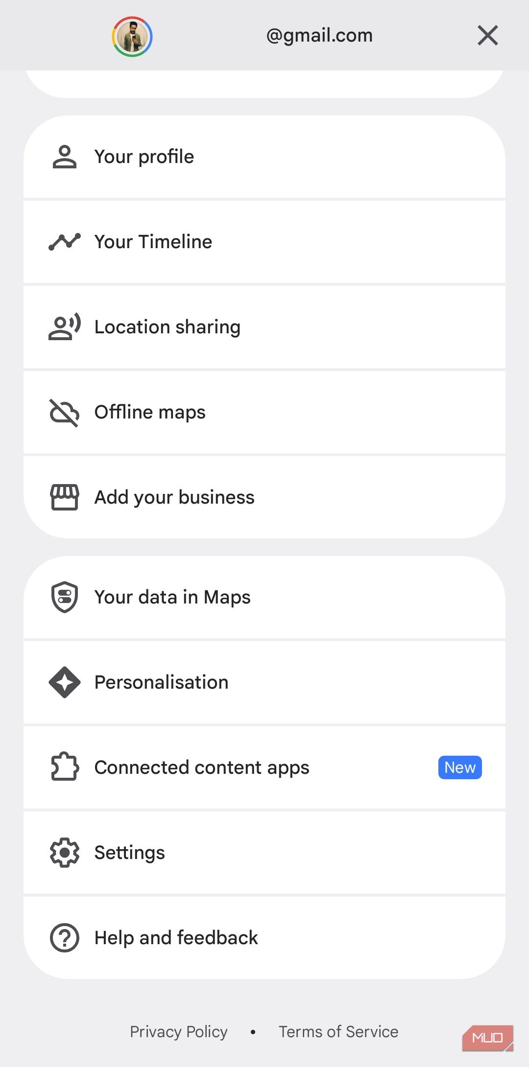 Google Maps menu on Android phone