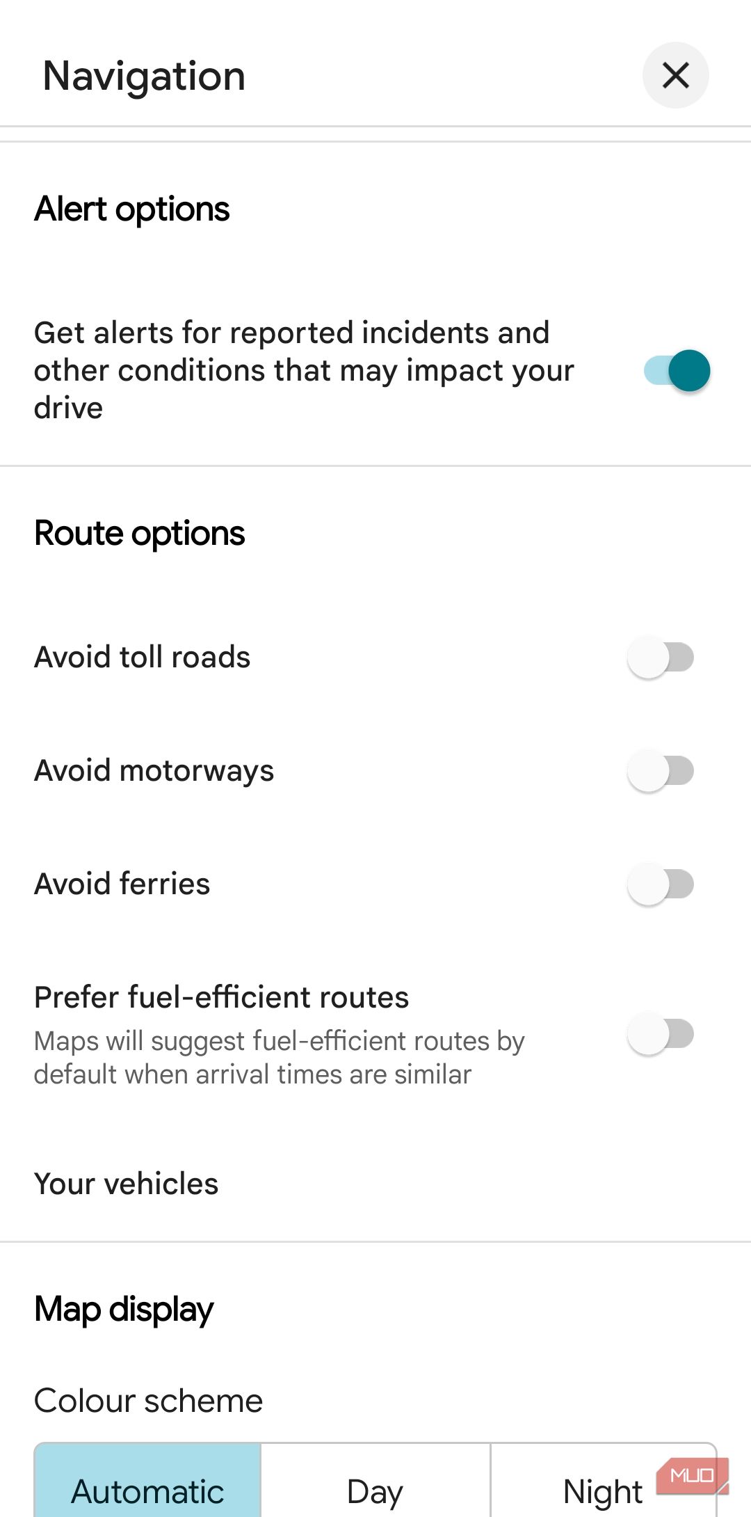 Google Maps navigation settings on Android phone