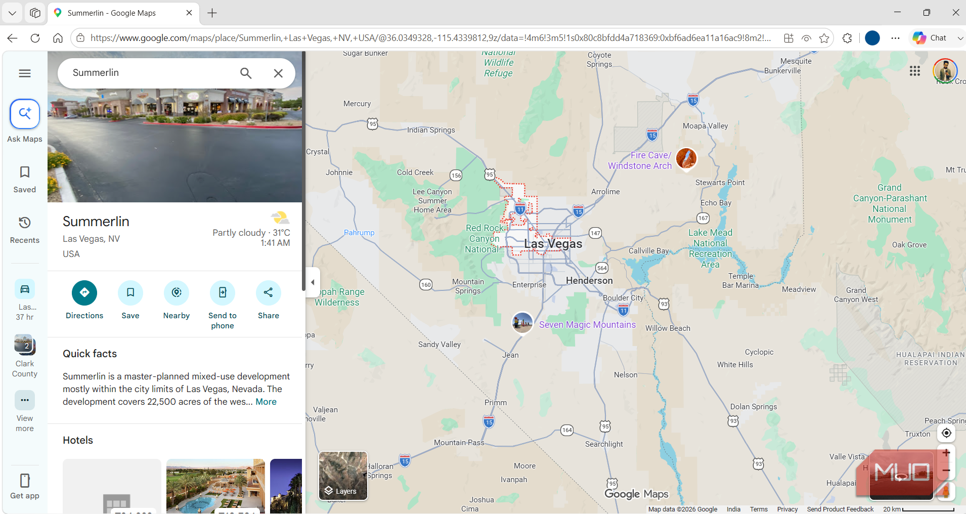 Google Maps showing Las Vegas local places on a PC