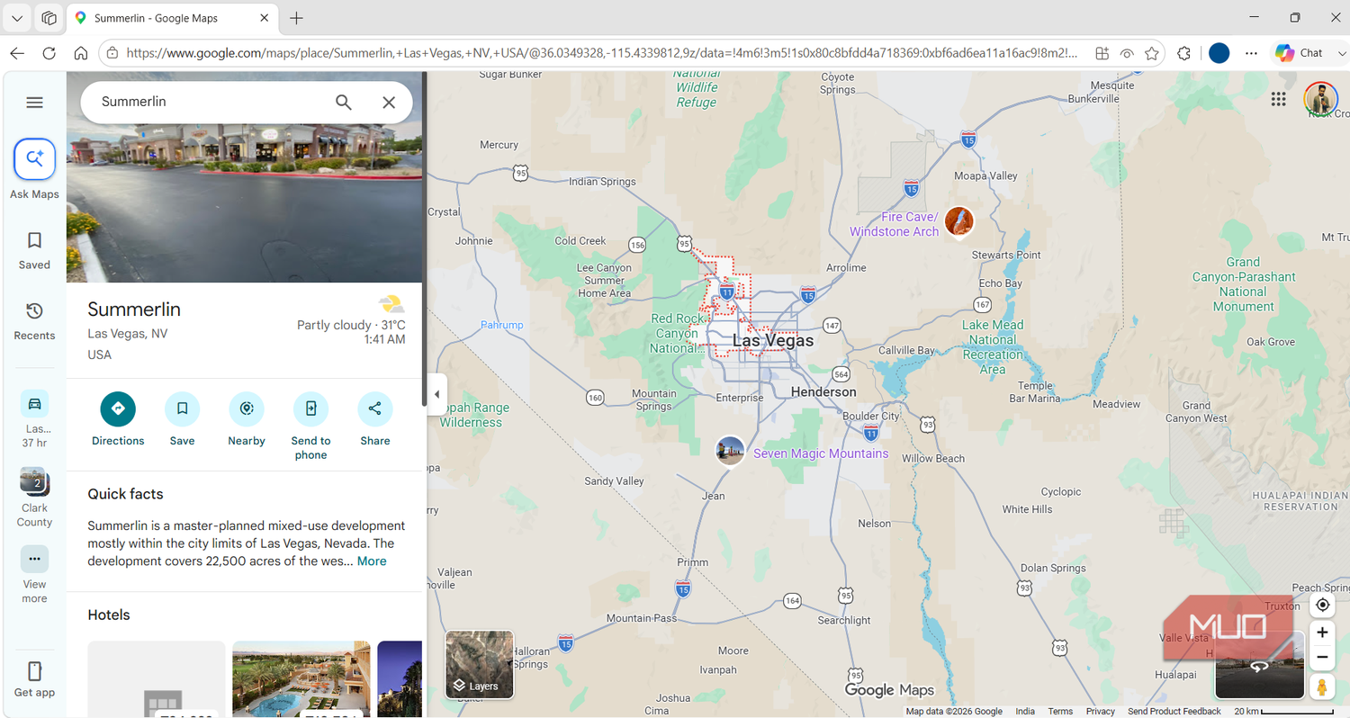 Google Maps showing Las Vegas local places on a PC