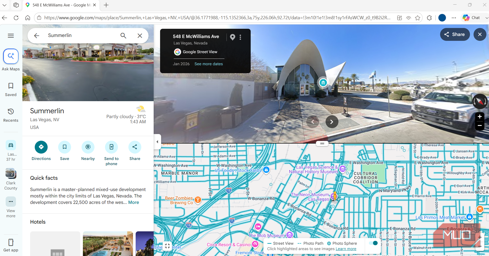 Google Maps showing Las Vegas museum on a PC