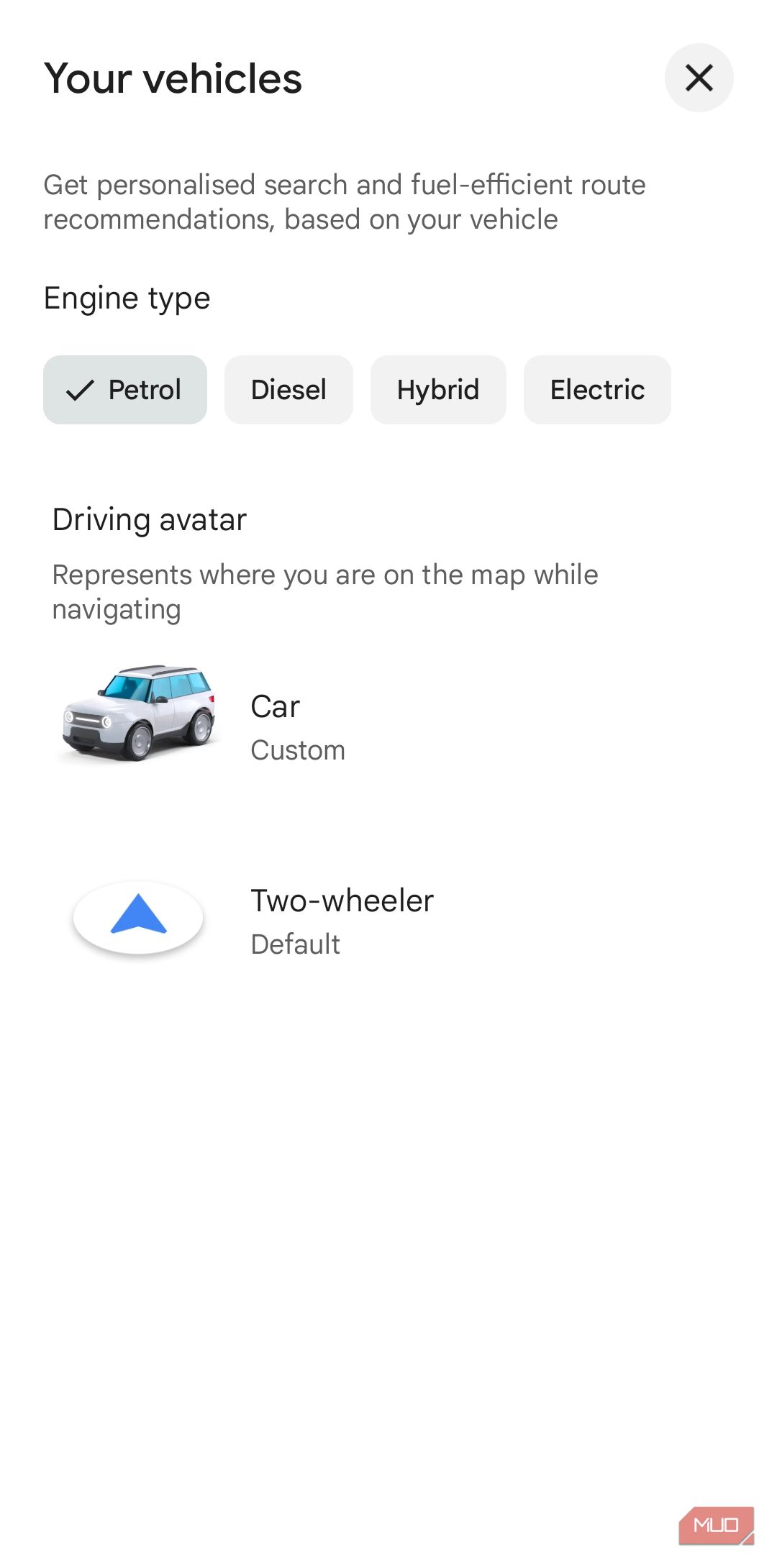 Google Maps vehicle type on Android phone