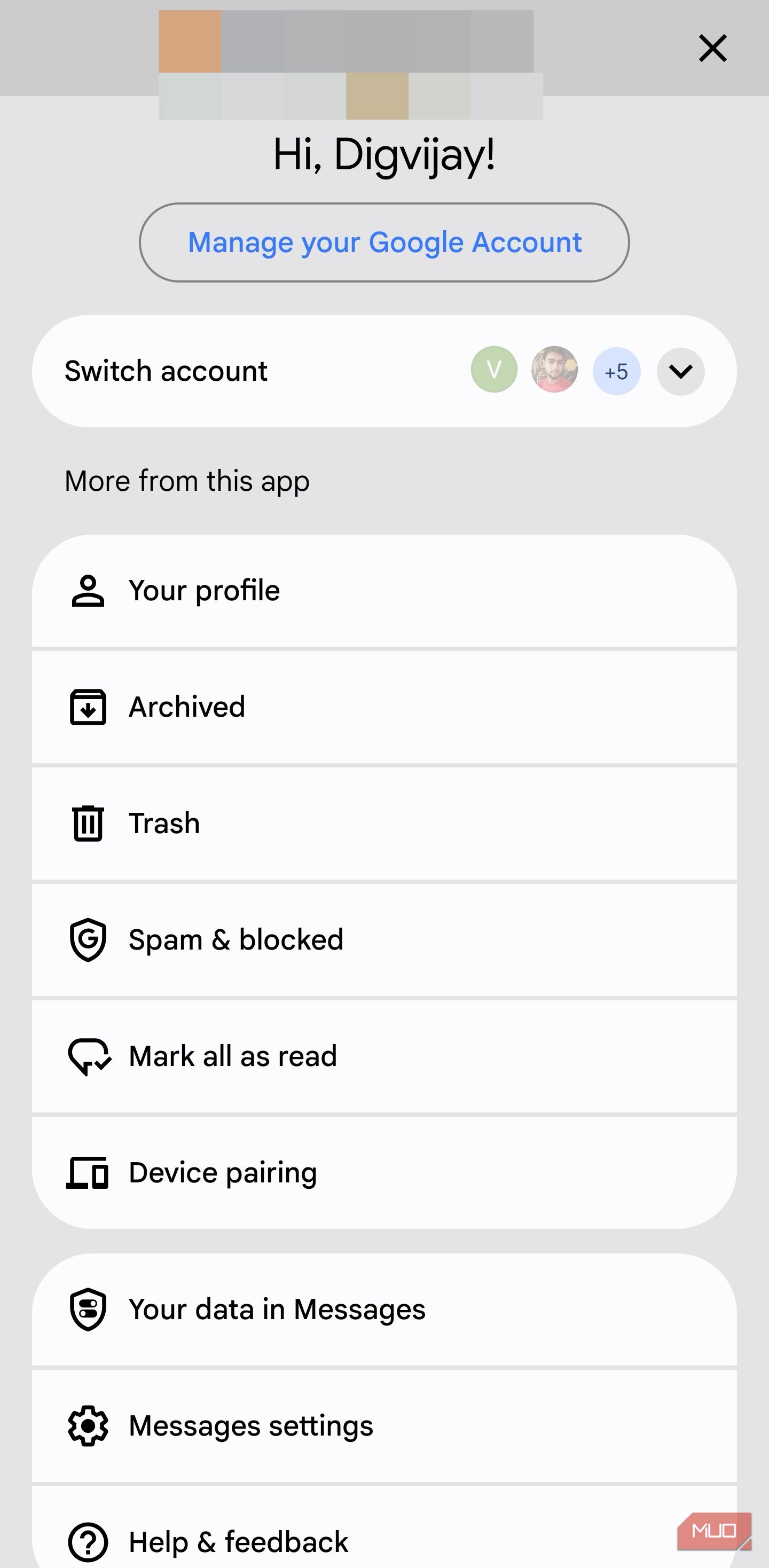 Google Messages profile and settings menu