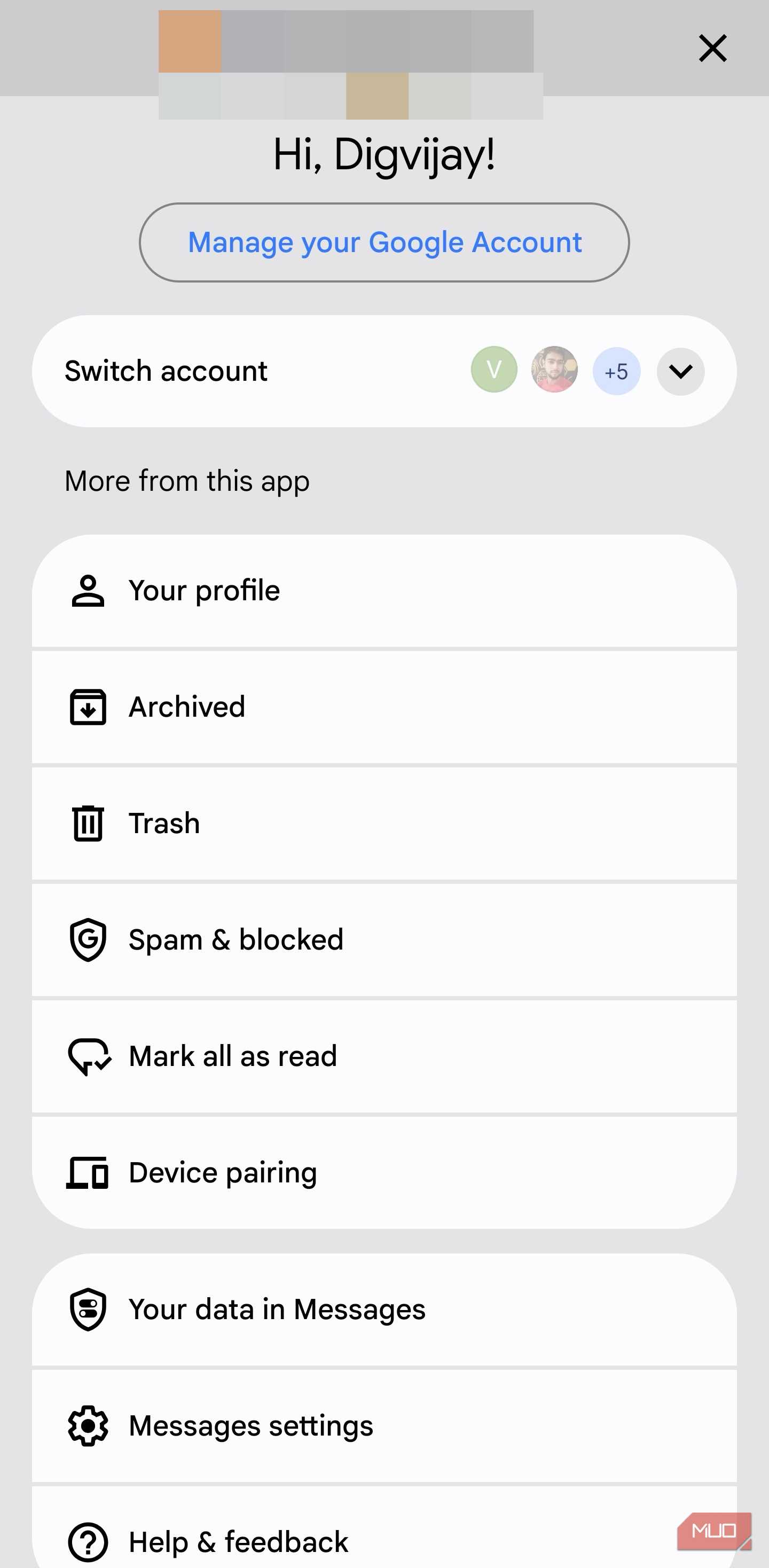 Google Messages profile and settings menu