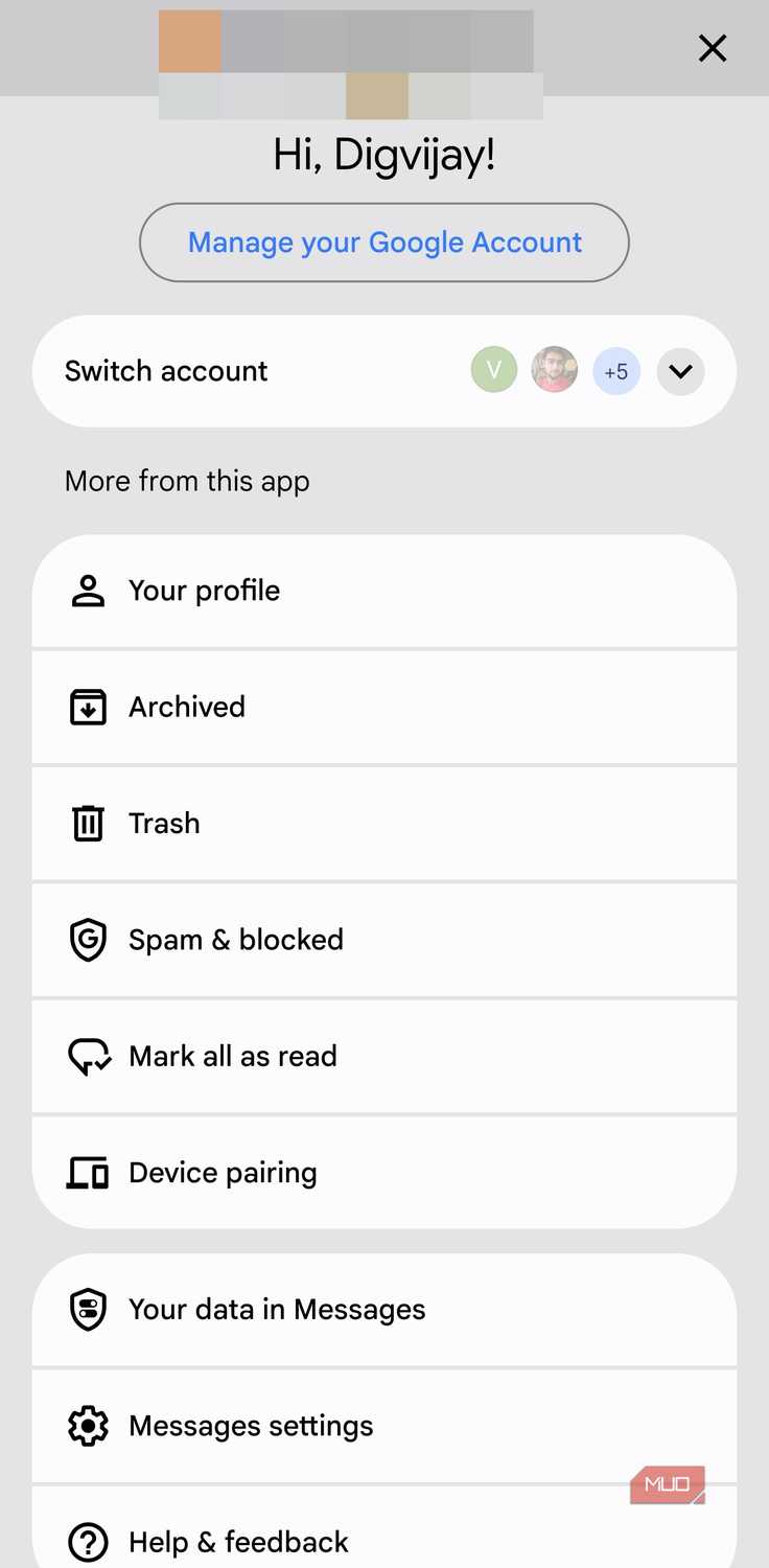 Google Messages profile and settings menu