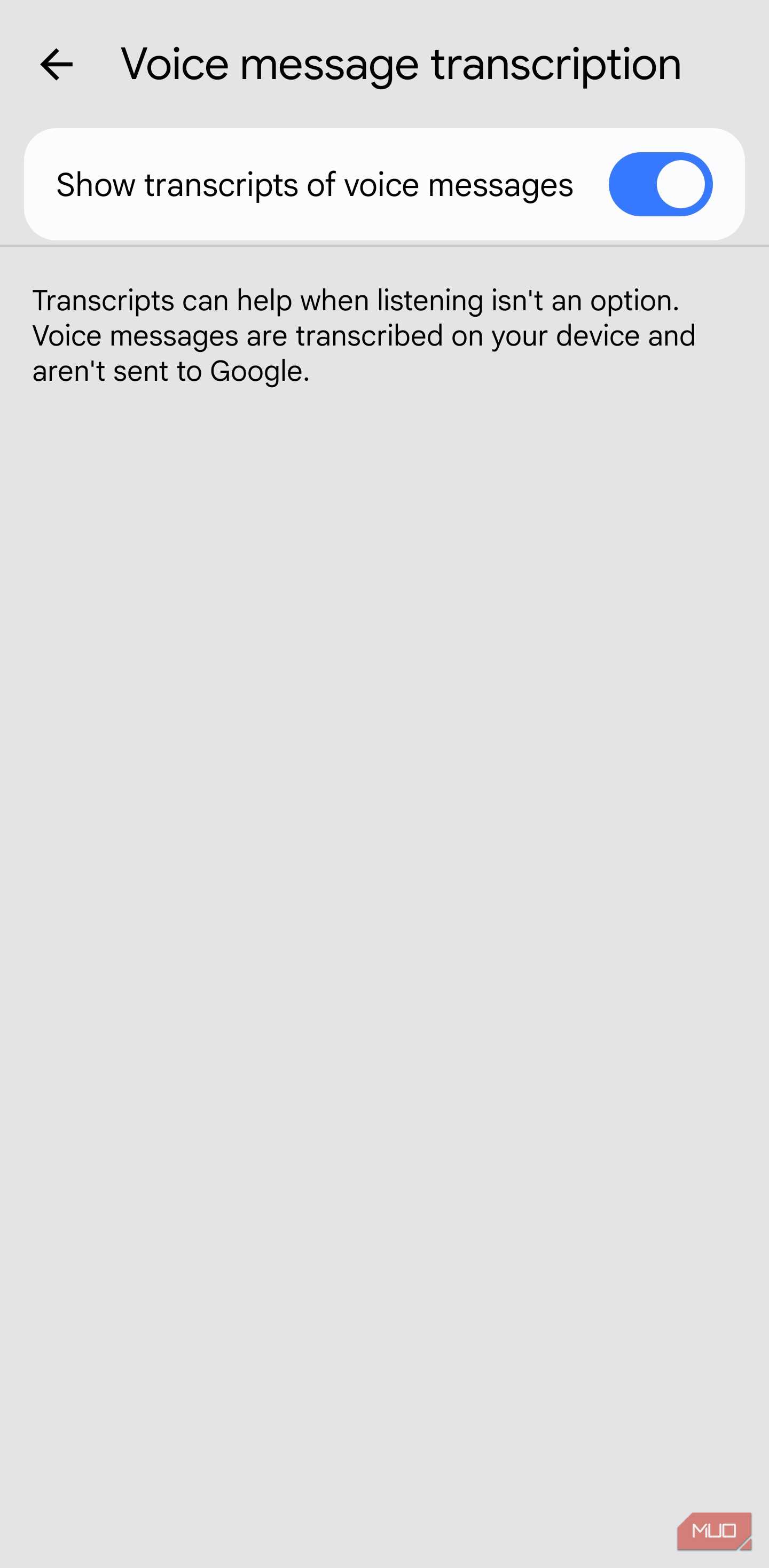 Google Messages voice transcription setting with toggle on