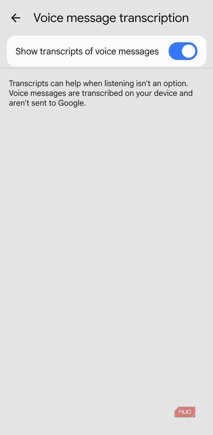 Google Messages voice transcription setting with toggle on