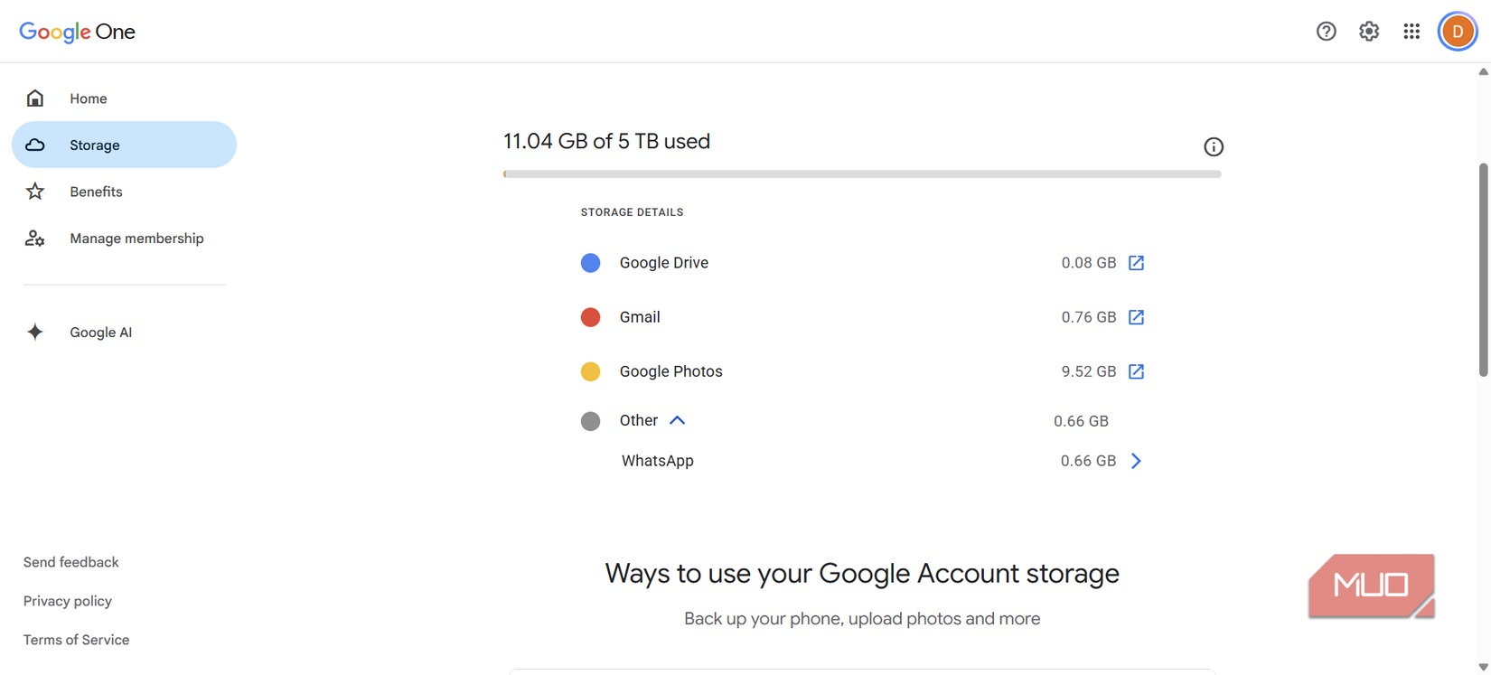 Google One storage details showing expanded WhatsApp backup size