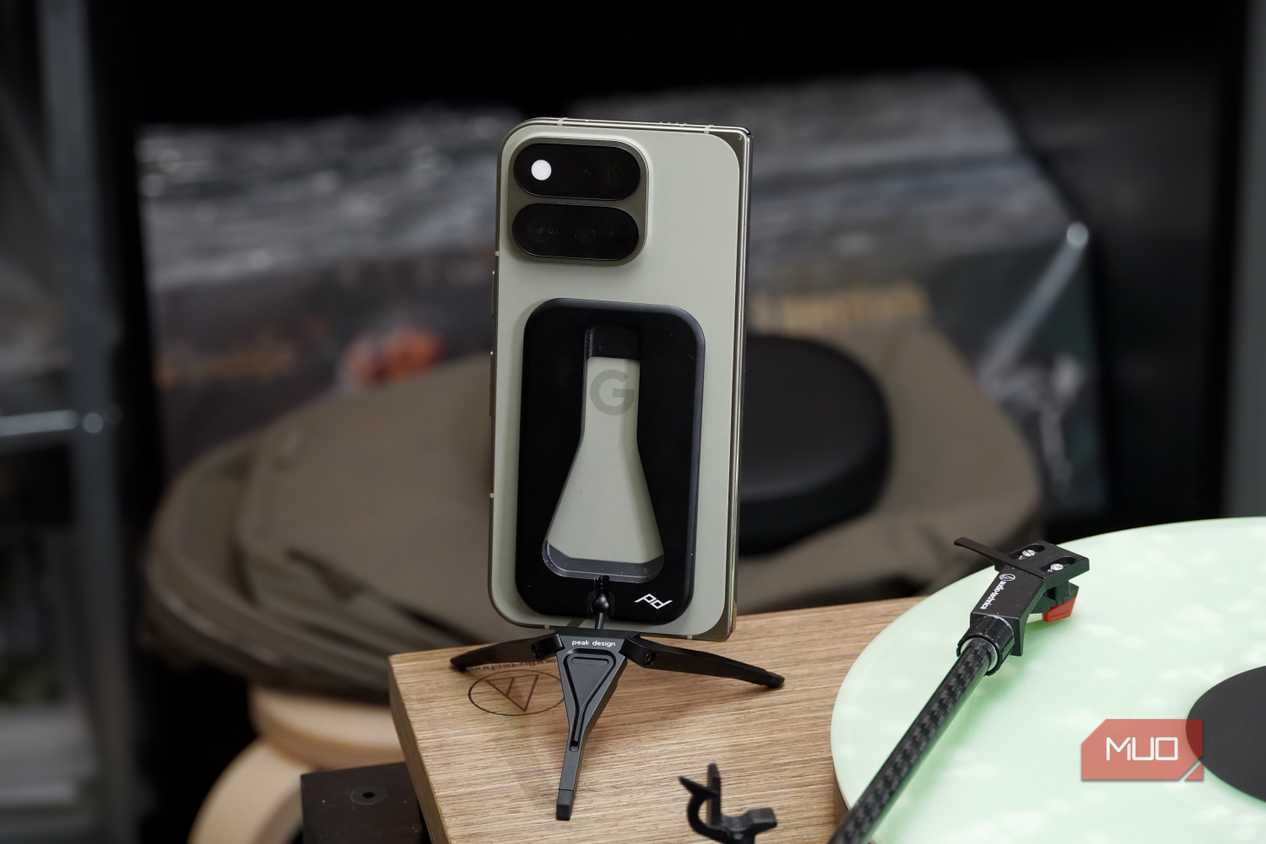 The Peak Design Mobile Tripod on a Pixel 11 Pro Fold with Qi2.