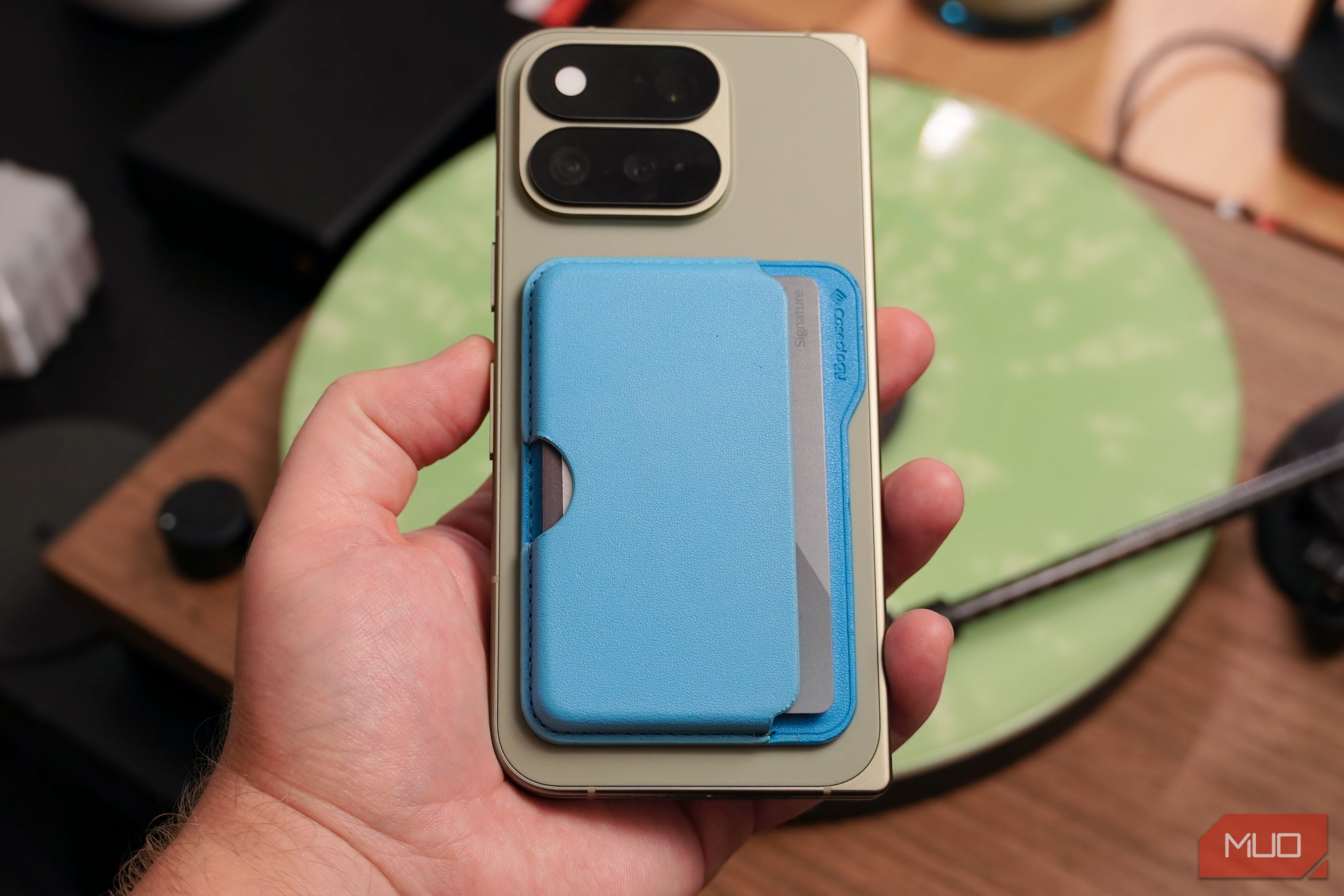 The Caseology wallet on a Pixel 11 Pro Fold with Qi2.
