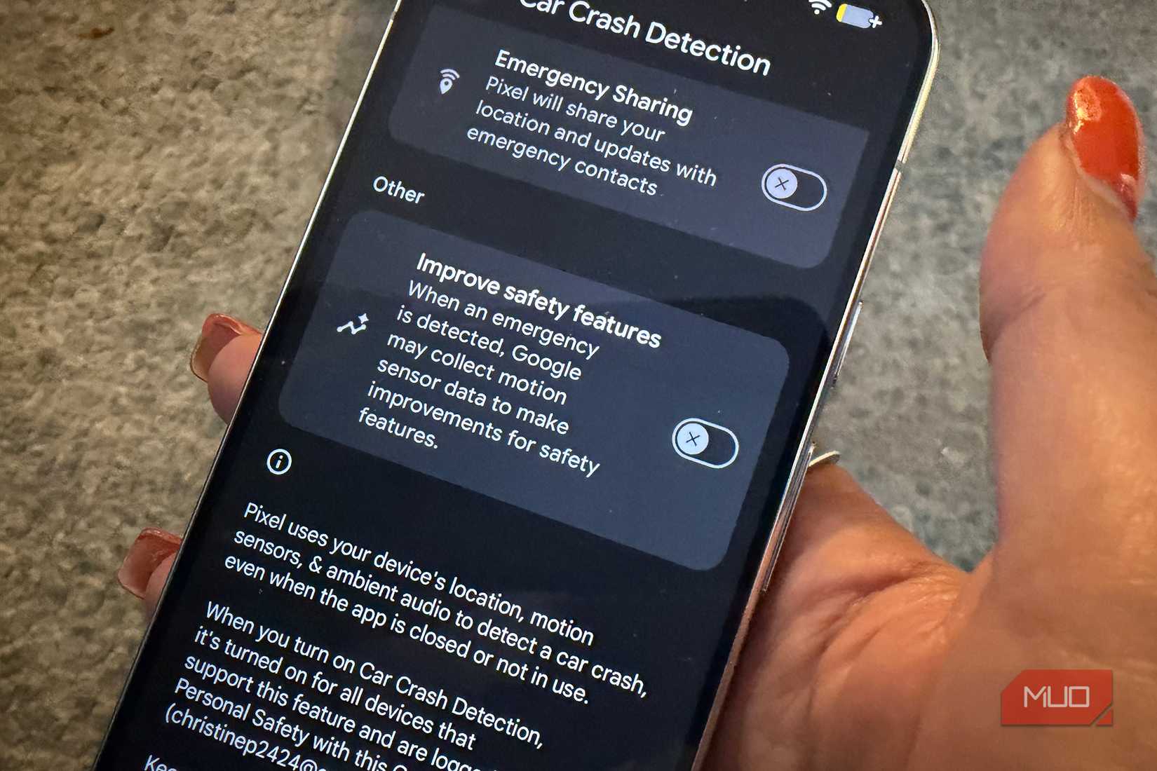 A close-up of the Car Crash Detection menu on a Google Pixel 11 Pro to turn on improve safety features.