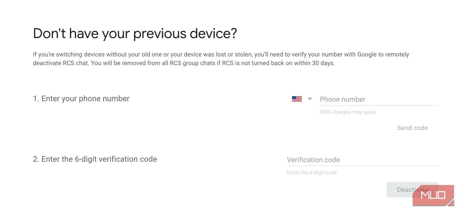 Google's RCS deactivation page with phone verification