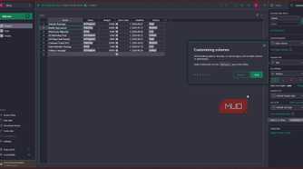 Gris table with column customization tooltip.