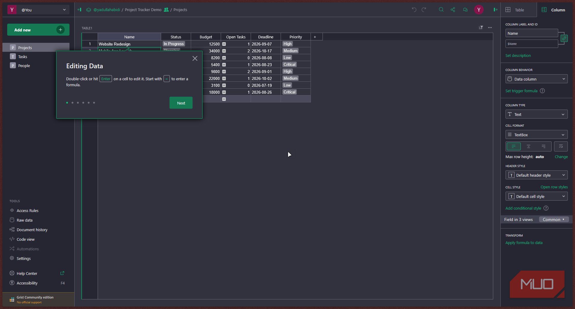 Gris table with data editing tooltip.