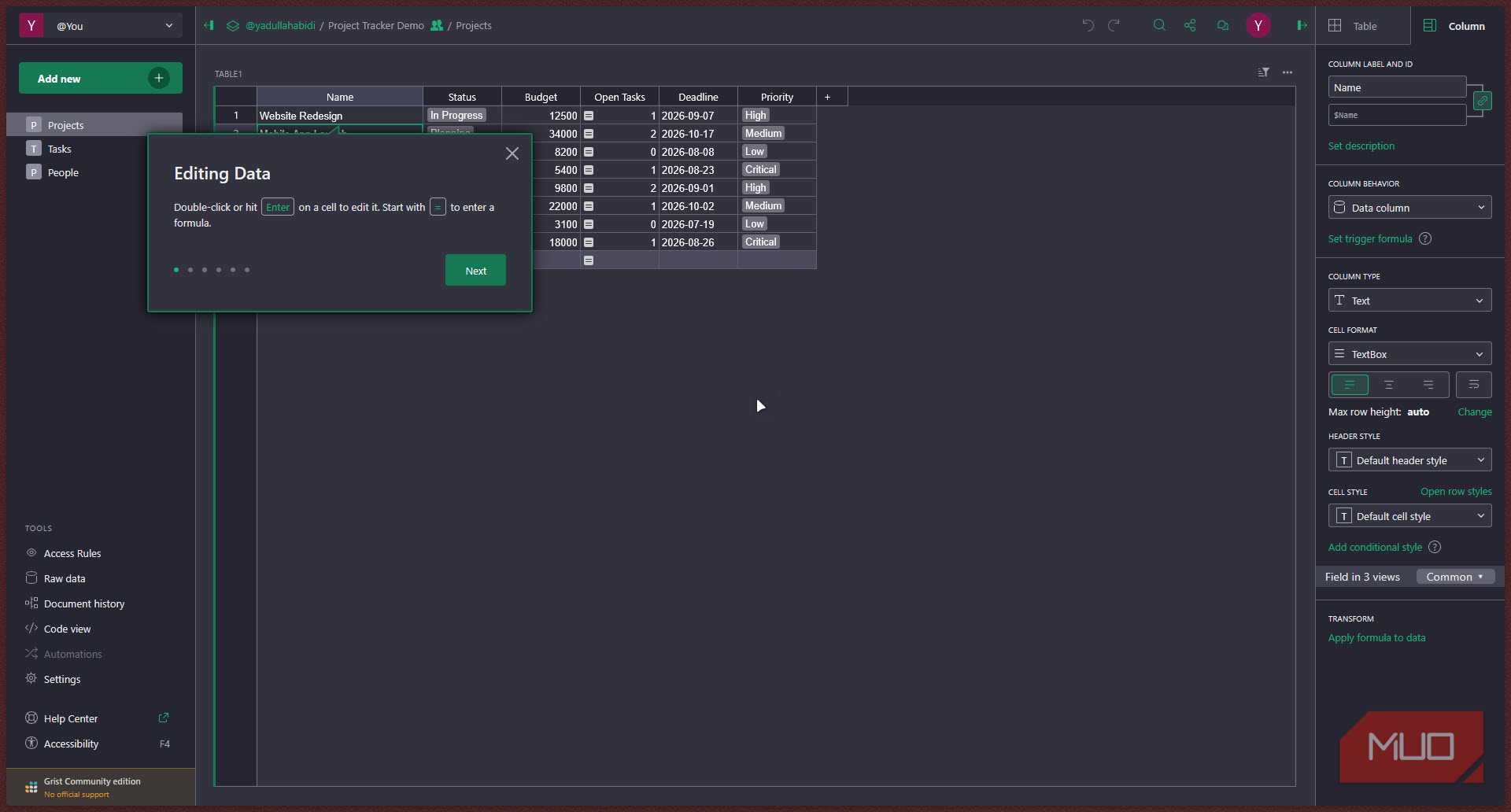 Gris table with data editing tooltip.