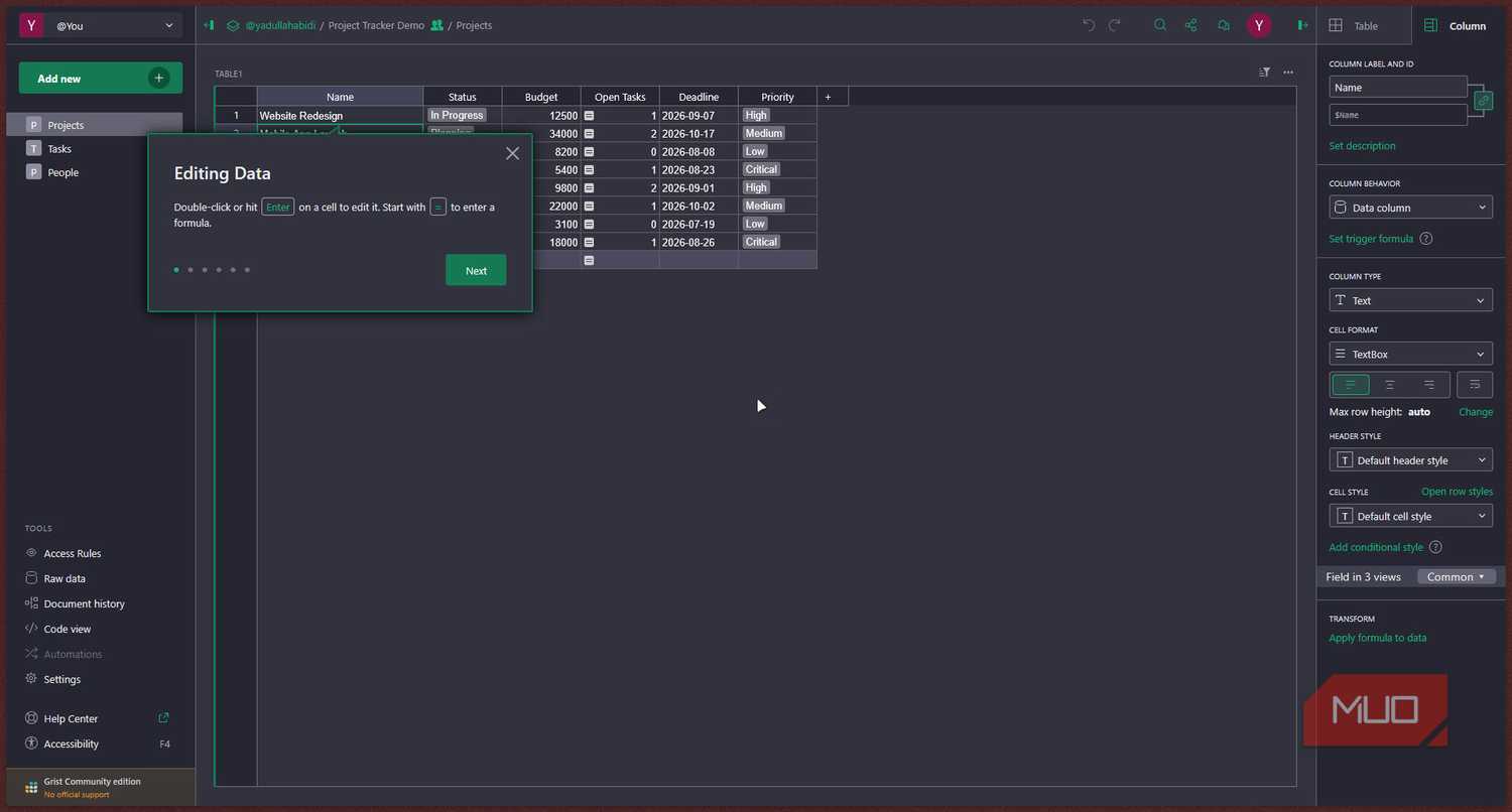 Gris table with data editing tooltip.