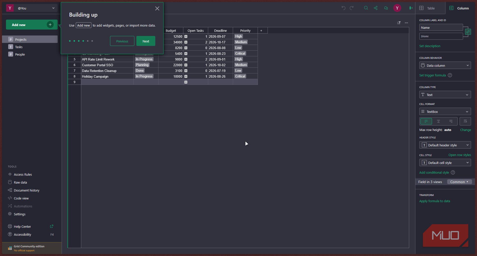 Gris table with document adding tooltip.